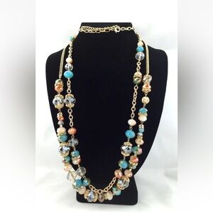 Elegant Long Multi Color Crystal 2 Layers Statement Necklace Gold Tone Chain